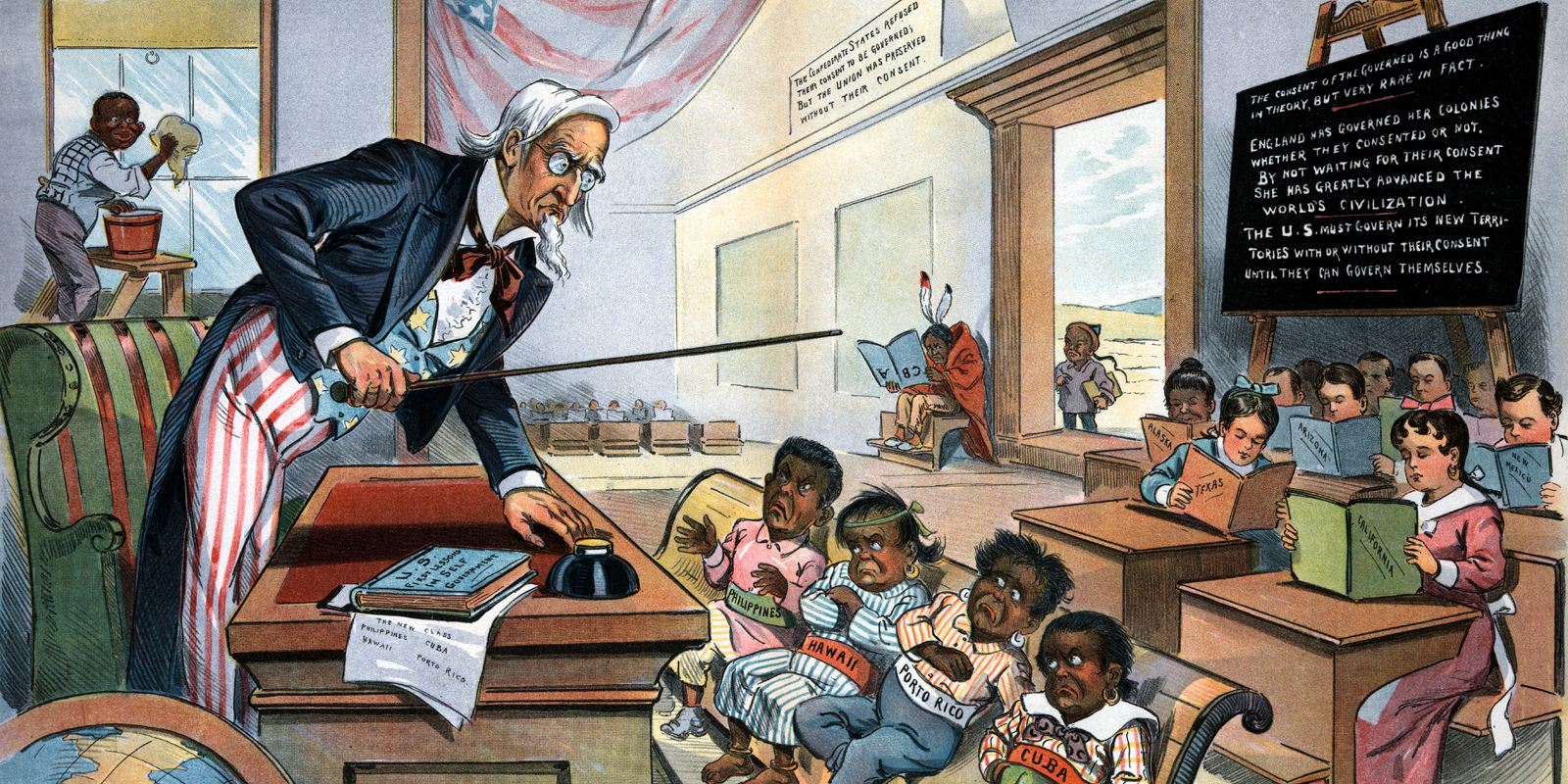 "School Begins" (1899): Depicts the general idea of the white US supremacy over the indigenous people of the colonized territories. An essential point in this cartoon is that the indigenous people of the US and black people are left out of the 'schooling process'. This depiction represents the political agenda of that time, which did not include involving them in political and cultural life at all. Can be connected to the Mexican-American War and the Spanish-American War.